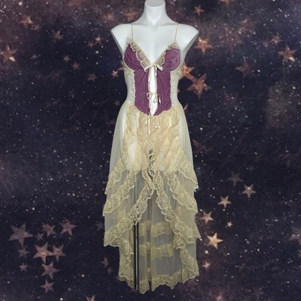 Rare 70s Faris “Treasure” Purple Velvet & Lace Fairy Negligee Gown, size Medium